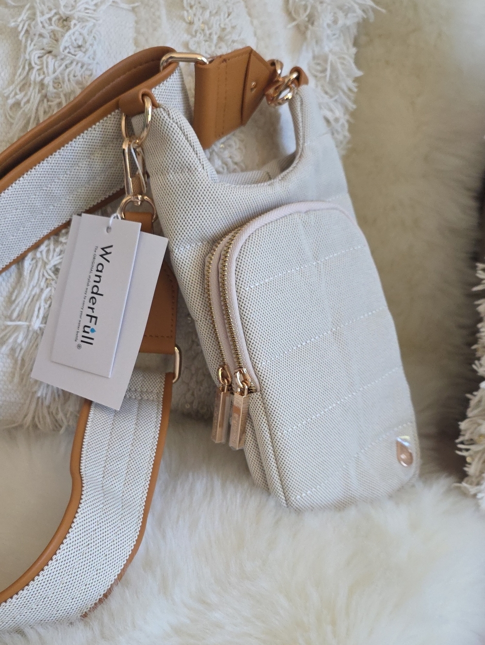 WanderFull Quilted Water Bottle Bag Crossbody Neutral Beige Gold Hardware NWT